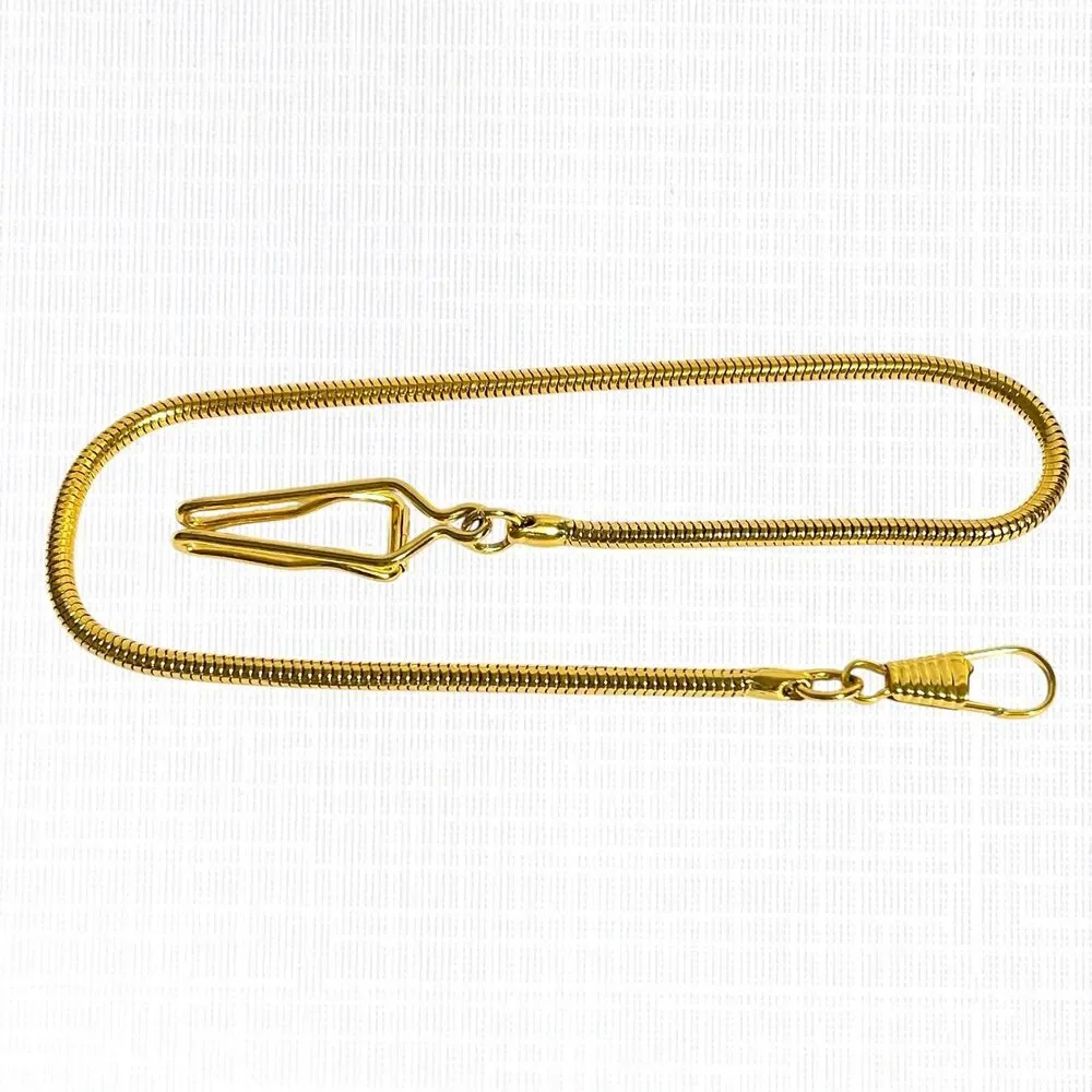 Gold Tone Pocket Watch Chain 15 inch Snake Attachment Clip Connector Holder Mens